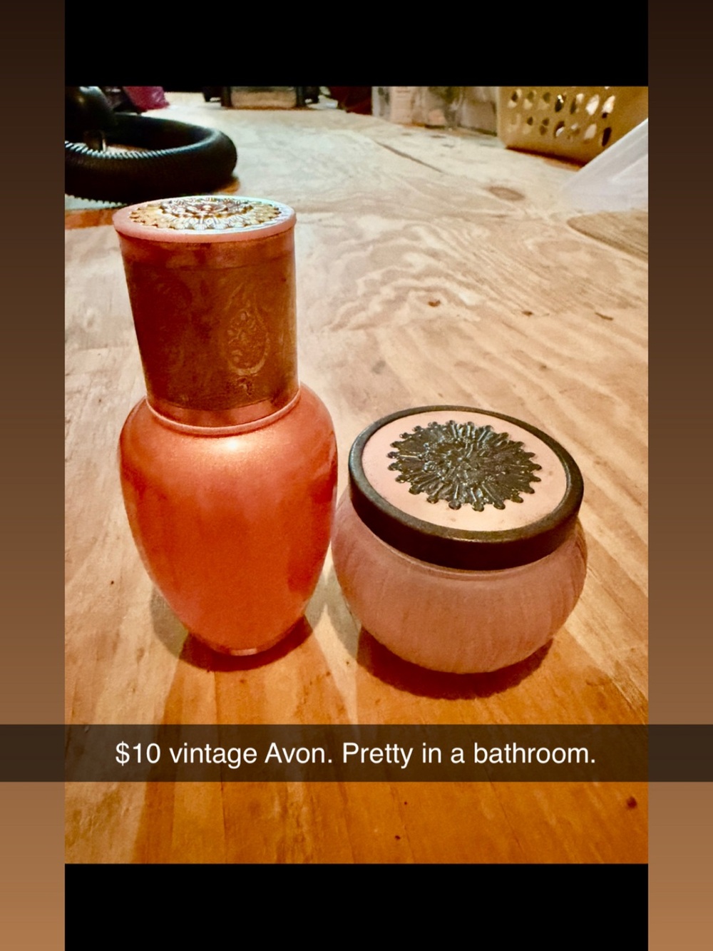 Avon Pink Glass Vanity Jar and Bottle with Gold Accents